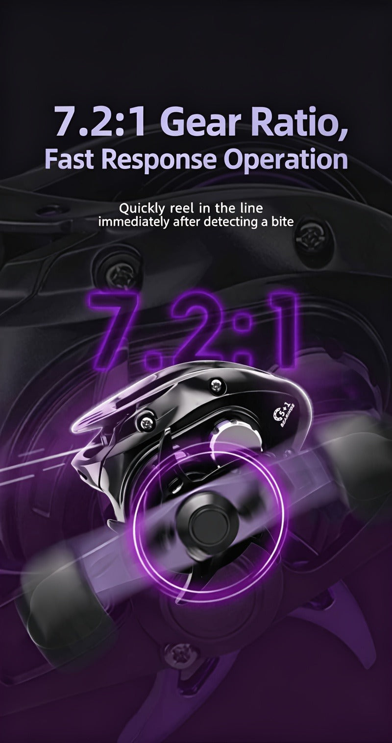 Baitcasting Reel 7.2:1 High-Speed Gear Ratio, 5+1 Ball Bearings 17.64LB Max Drag, Lightweight Freshwater Saltwater Bass Fishing Reel, Left & Right Hand Retrieve, Black Purple