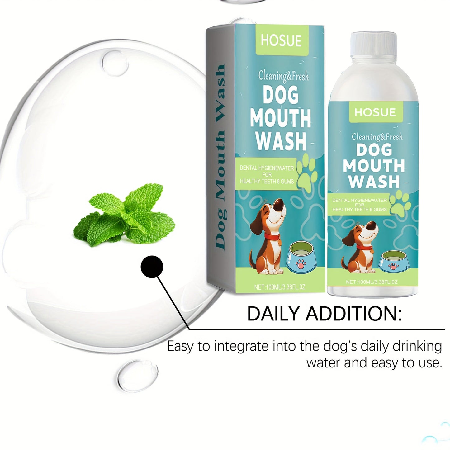 Dog Mouthwash for Fresh Breath with Peppermint Extract - Natural Dental Health Oral Care Liquid, Easy-to-Use Water Additive for Dogs, Freshens Breath & Supports Clean Teeth, 100ml / 3.38oz