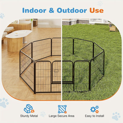 Metal Dog Playpen with Door DIY 8 or 16 Panel Foldable Pet Pen for Small Medium Large Dogs Puppies Easy Assemble Indoor Outdoor Use 24 32 40 Inch Height