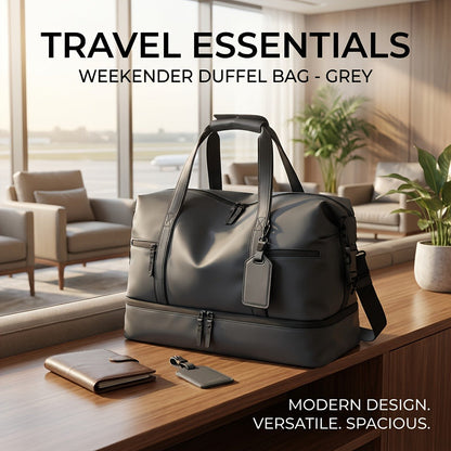 Gym Duffel Bag PU Foldable Sports Duffle with Shoe Compartment & Wet Pocket – Lightweight Weekender Travel Bag for Workout, Daily Use, Carry-On & Overnight Trips, Available in Black, Blue & Gray