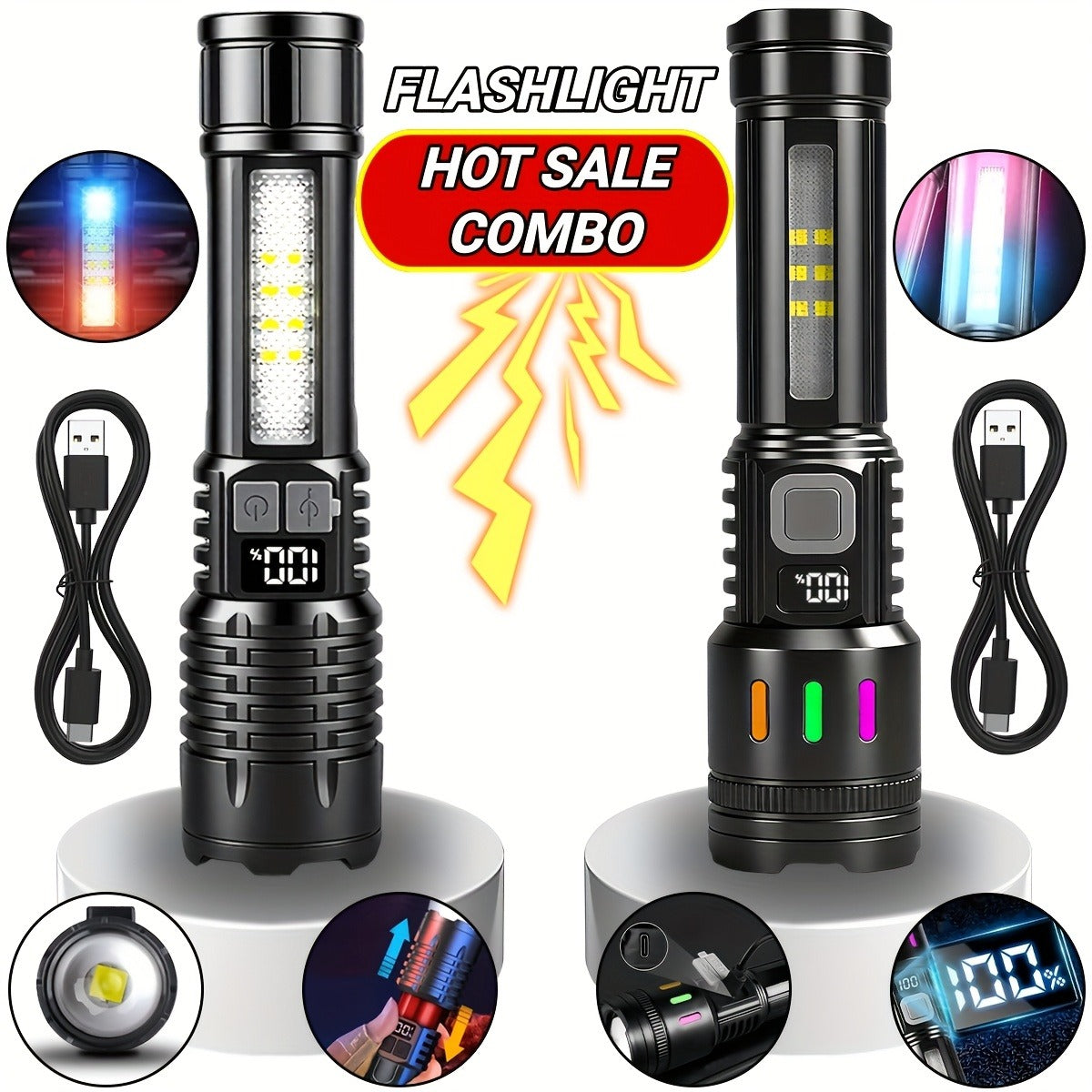 3000 Lumen Tactical Flashlight 2-Pack – USB-C COB Zoomable
