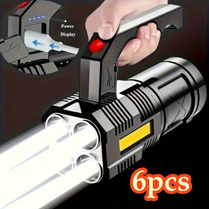 Rechargeable LED Flashlight 6-Pack - Transparent COB Side Light, 6 Modes Multifunction Handheld Torch, ABS Body for Camping, Hiking, Work & Emergency Power Outage
