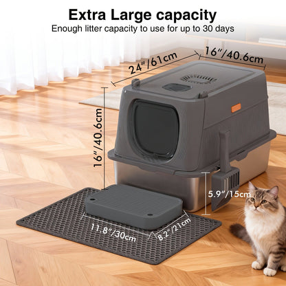 Extra Large Enclosed Cat Litter Box - Stainless Steel with Front Flap Door, Foldable Anti-Splash Fully Covered Design, Superior Odor Control Indoor Cat Toilet, 3 Colors, CITYLIFE Oversized