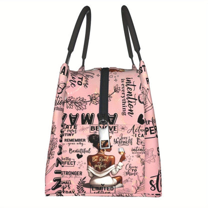 Insulated Lunch Bag with Black Girl Wine Tasting Pattern - Portable Reusable Cooler Bag for Camping, Picnic, Beach, Office & Outdoor Use, Perfect Birthday & Holiday Gift for Women, 10.6 x 6.3 x 6.7 in