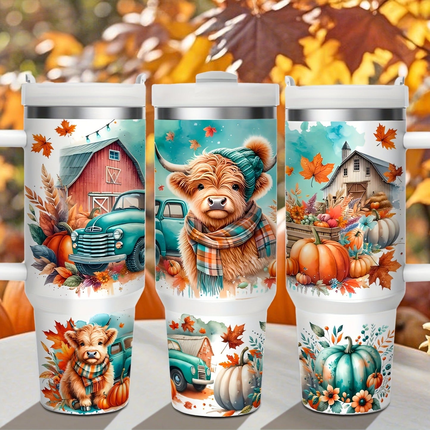 Stainless Steel Insulated Tumbler With Lid and Straw, 40oz & 16oz Highland Cow Thanksgiving Water Bottle With Handle, Keeps Cold 24 Hours Hot 12 Hours, Portable Travel Cup for Car Home Office Birthday Gift