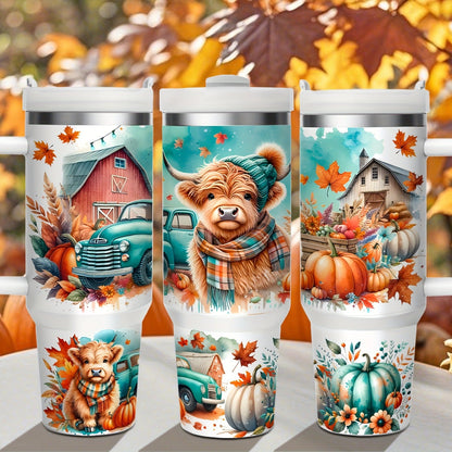 Stainless Steel Insulated Tumbler With Lid and Straw, 40oz & 16oz Highland Cow Thanksgiving Water Bottle With Handle, Keeps Cold 24 Hours Hot 12 Hours, Portable Travel Cup for Car Home Office Birthday Gift