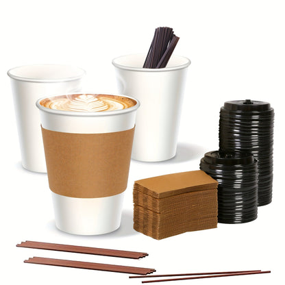 Disposable Paper Coffee Cups with Lids and Sleeves 12oz – Leak-Proof To-Go Hot Coffee Cups with Insulated Sleeve for Home, Office, Party & Coffee Bar | 50 or 100 Pack