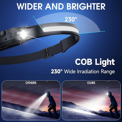 Motion Sensor COB Headlamp 3 Pack + 6 Hooks, 230° Wide Beam Rechargeable LED Head Lamp, 5 Modes COB & LED Headlamps for Adults, Hard Hat Headlight, Headband Flashlight for Camping, Work & Hiking