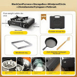 Black Cartridge Stove + Windproof Ring + Storage Box + Frying Pan + Pot Brush