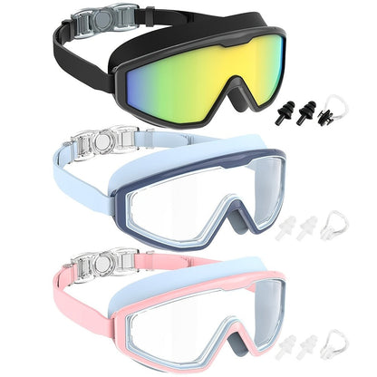 Anti-Fog Swimming Goggles 3 Pairs Leak-Proof UV Protection with Nose Clip Earplugs for Adults Kids Pool Open Water Gift Set