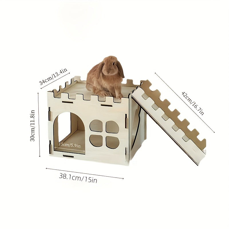 Wooden Rabbit Castle House – Detachable Solid Wood Hideout for Rabbits, Hamsters & Small Pets | Creative Splicing Toy Nest Playhouse