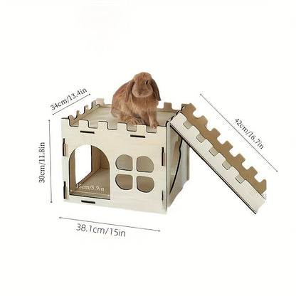 Wooden Rabbit Castle House – Detachable Solid Wood Hideout for Rabbits, Hamsters & Small Pets | Creative Splicing Toy Nest Playhouse