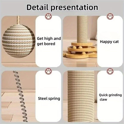 Sisal Cat Scratching Post with Hanging Ball & Turntable Interactive Toy 18.1 Inch - Sturdy Non-Slip Base Suction Cup Bottom for Kittens & Adult Cats, Furniture Protector Scratcher