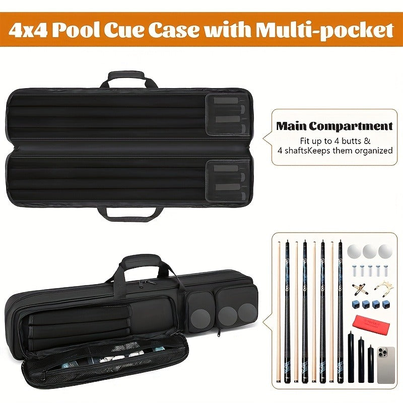 Pool Cue Case 4x4 – Billiard Cue Bag Holds 4 Butts & 4 Shafts, Hidden Backpack Strap, Large Front Accessory Pockets – Durable Pool Stick Carrying Case for Home, Club & Tournament
