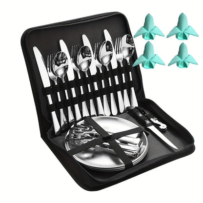 Camping Mess Kit 24pcs Stainless Steel Cutlery Set for 4 – Plates, Spoons, Forks, Serrated Knives & Cloth Napkins – Portable Dinnerware for Backpacking, Hiking & Picnic