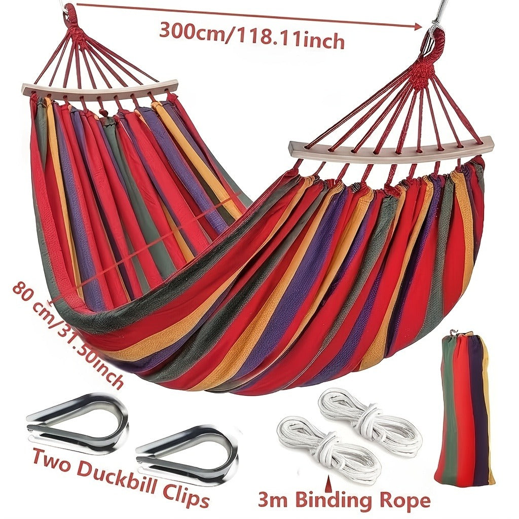 Outdoor Woven Hammock with Wooden Spreader Bar – Thickened Nylon Rope, Single or Double Size – Hanging Chair Swing Bed for Garden, Courtyard, Park & Balcony (No Frame Included)