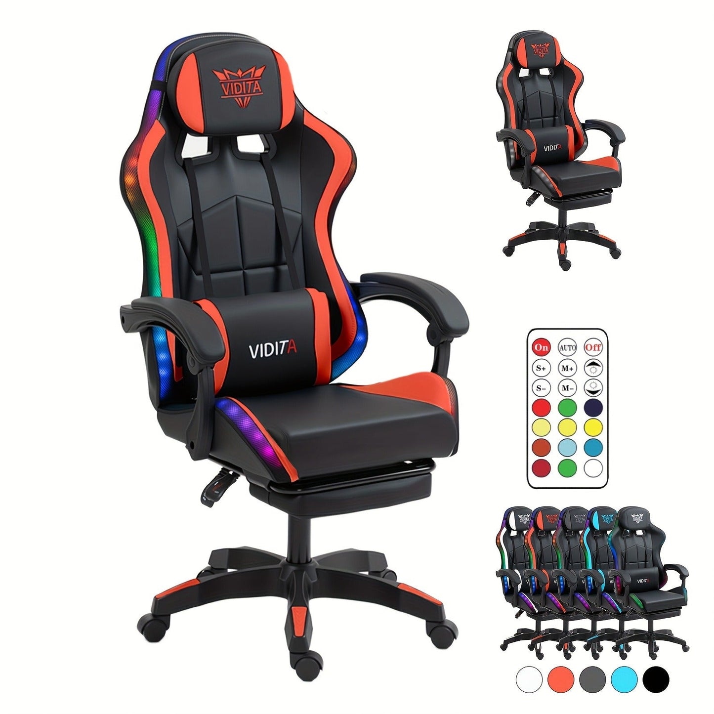 RGB Gaming Chair with LED Lights Footrest Ergonomic Gaming Chair with Massage Lumbar Support Reclining Video Game Chair for Adults Home Office Computer Chair with USB RGB Lighting