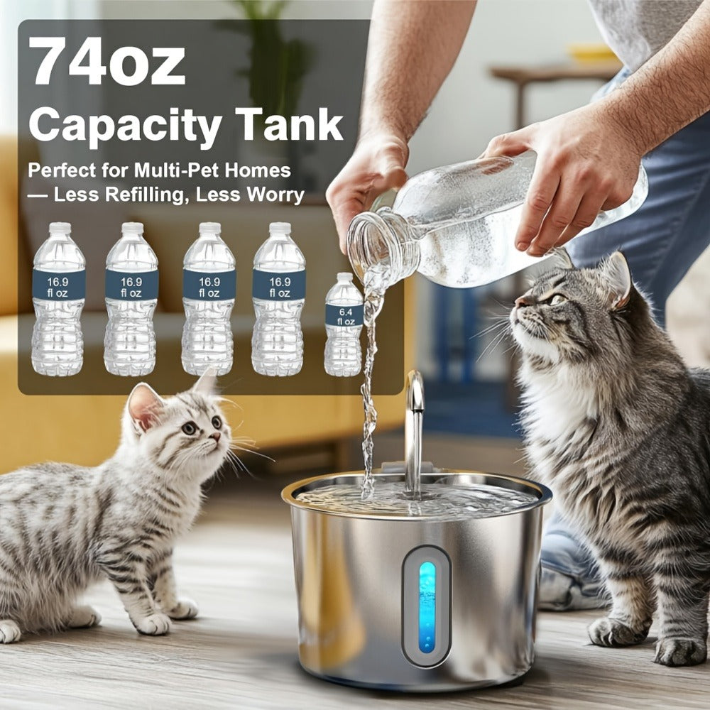 Stainless Steel Cat Water Fountain 74oz - 304 Food-Grade Steel, Ultra-Quiet USB Pump, 3-Stage Filtration, Visible Water Level Window, Auto Circulation for Cats & Small Dogs