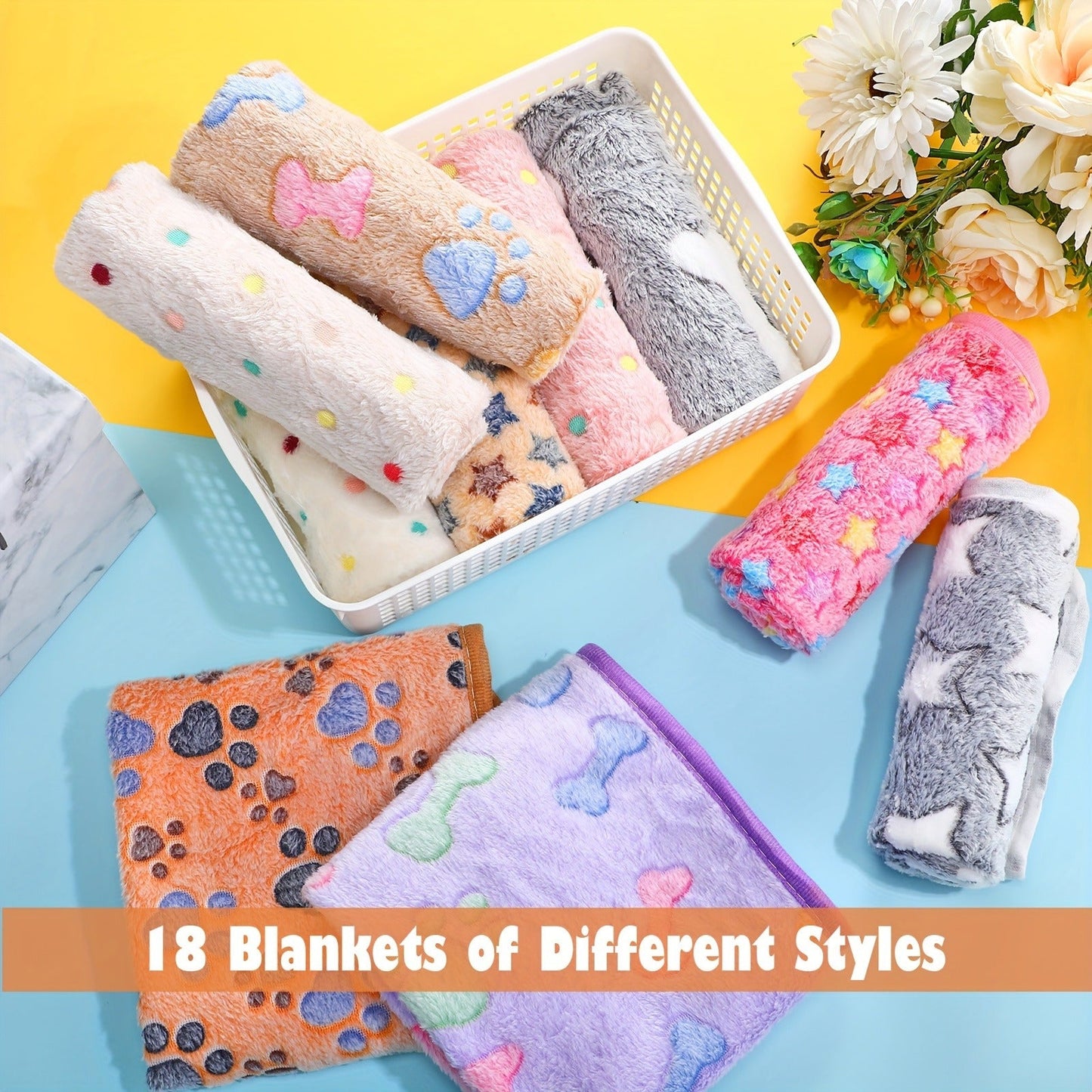 Pet Blanket Fleece 18 Pack Soft Warm Sleep Mat 23x16 Inch, Cute Paw Bone Star Heart Print Fluffy Bed Blanket for Dogs Cats Kittens Puppies, Small Animal Blanket Bulk Set