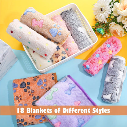 Pet Blanket Fleece 18 Pack Soft Warm Sleep Mat 23x16 Inch, Cute Paw Bone Star Heart Print Fluffy Bed Blanket for Dogs Cats Kittens Puppies, Small Animal Blanket Bulk Set