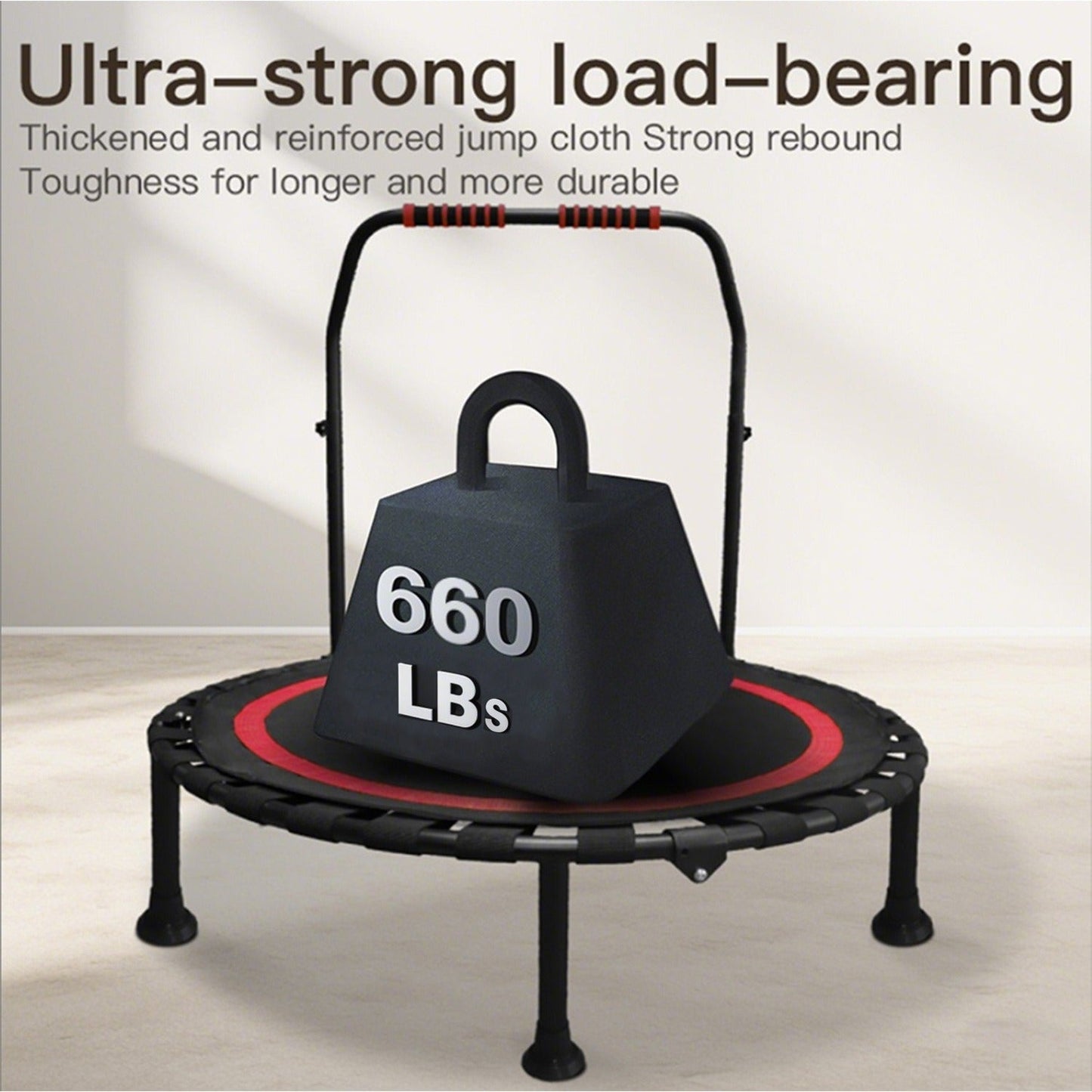 Rebounder Mini Trampoline 40 Inch Foldable with Adjustable Foam Handles - Bungee Elastic Strap Design, Thick Steel Frame, 600 lbs Capacity, Quiet Indoor Outdoor Fitness Trampoline, Green Red Blue