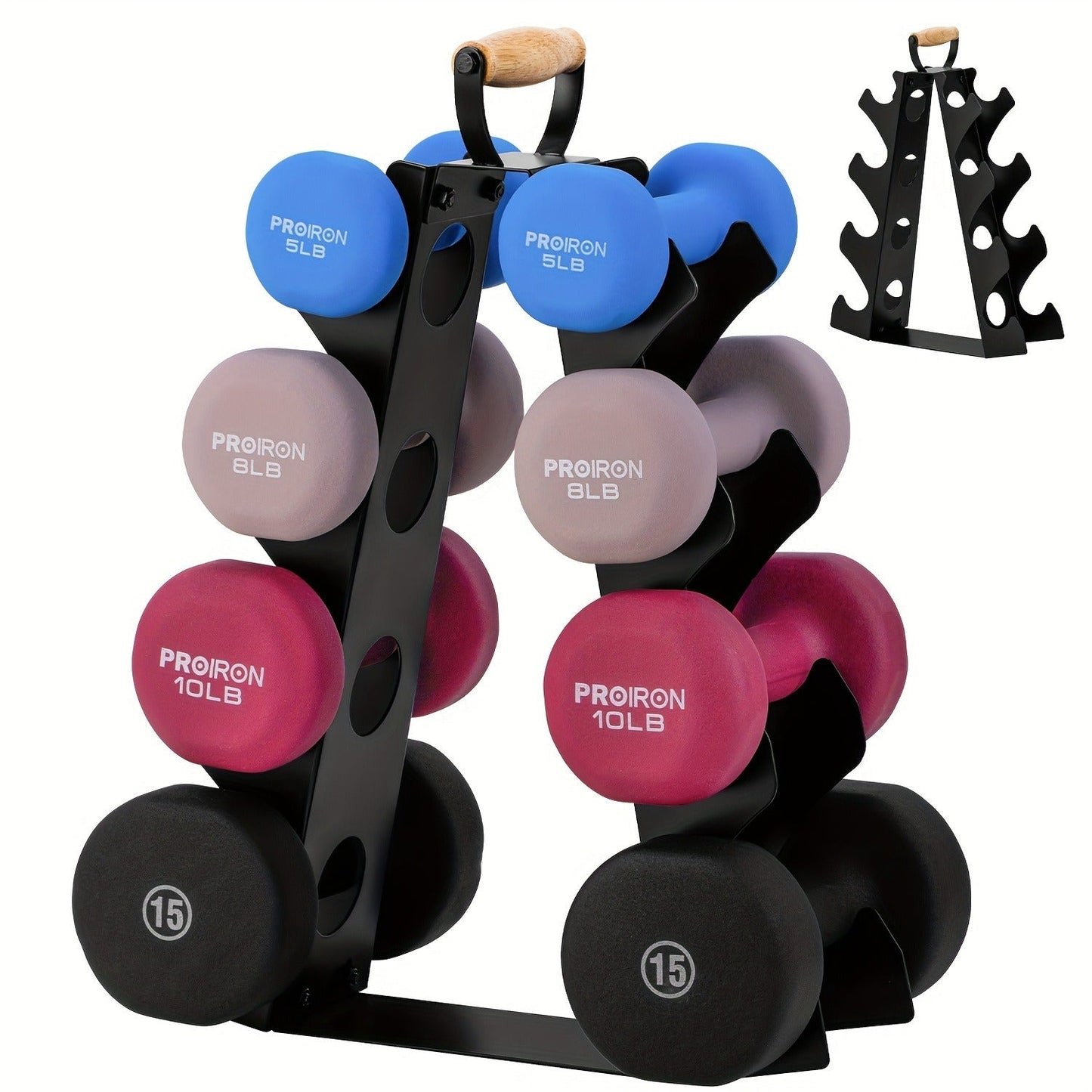 Weight Rack Stand 4-Tier A-Frame with Wooden Handle – Space-Saving Dumbbell Storage for Home Gym, Holds 5–15LB Hex & Rubber Dumbbells, Easy Assembly