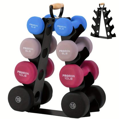 Weight Rack Stand 4-Tier A-Frame with Wooden Handle – Space-Saving Dumbbell Storage for Home Gym, Holds 5–15LB Hex & Rubber Dumbbells, Easy Assembly