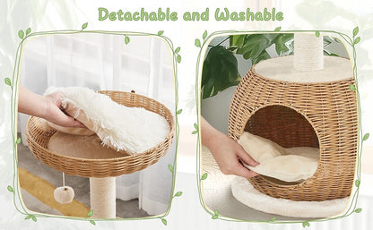 Cat Tree 29.5 Inch Rattan Cat House with Natural Sisal Scratching Post – Woven Cat Condo, Soft Cushion Perch, Hanging Bell Toy, Luxury Cat Furniture for Small to Medium Cats, Beige