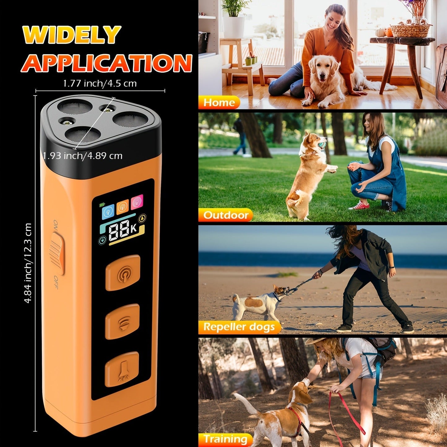 65ft Long-Range Dog Repeller - Triple-Head Ultrasonic Bark Deterrent, Powerful Soundwave Technology, USB Rechargeable Portable Handheld Anti-Barking Device, Dog Behavior Training Tool, Orange