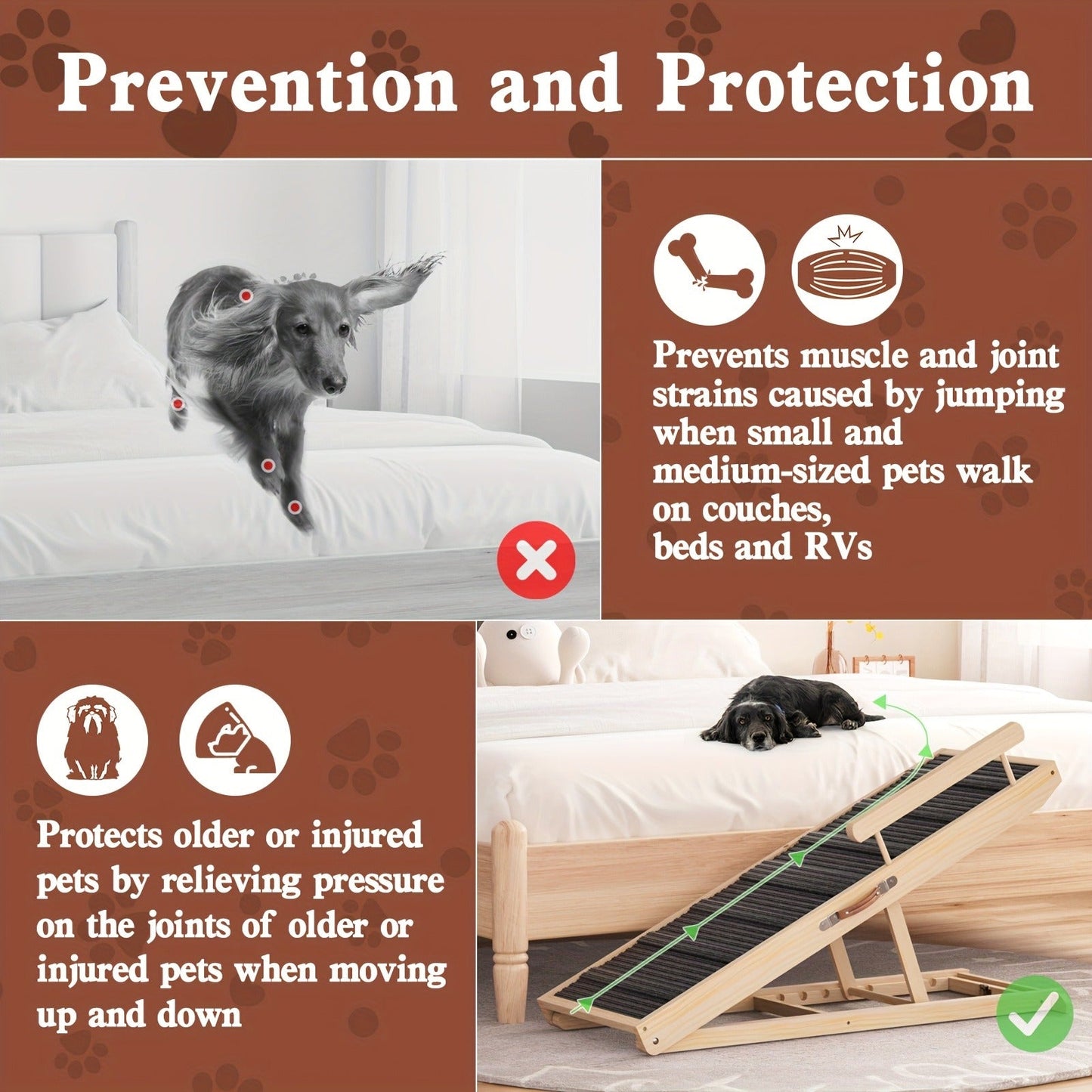 Dog Ramp for Bed & Sofa – Foldable Wooden Pet Ramp with Safety Guards, Adjustable Height, Holds 250 lbs, Indoor Outdoor Dog Steps for Small Medium Large Dogs, Couch Car Ramp