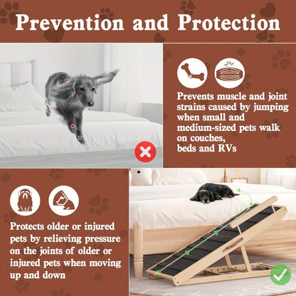Dog Ramp for Bed & Sofa – Foldable Wooden Pet Ramp with Safety Guards, Adjustable Height, Holds 250 lbs, Indoor Outdoor Dog Steps for Small Medium Large Dogs, Couch Car Ramp