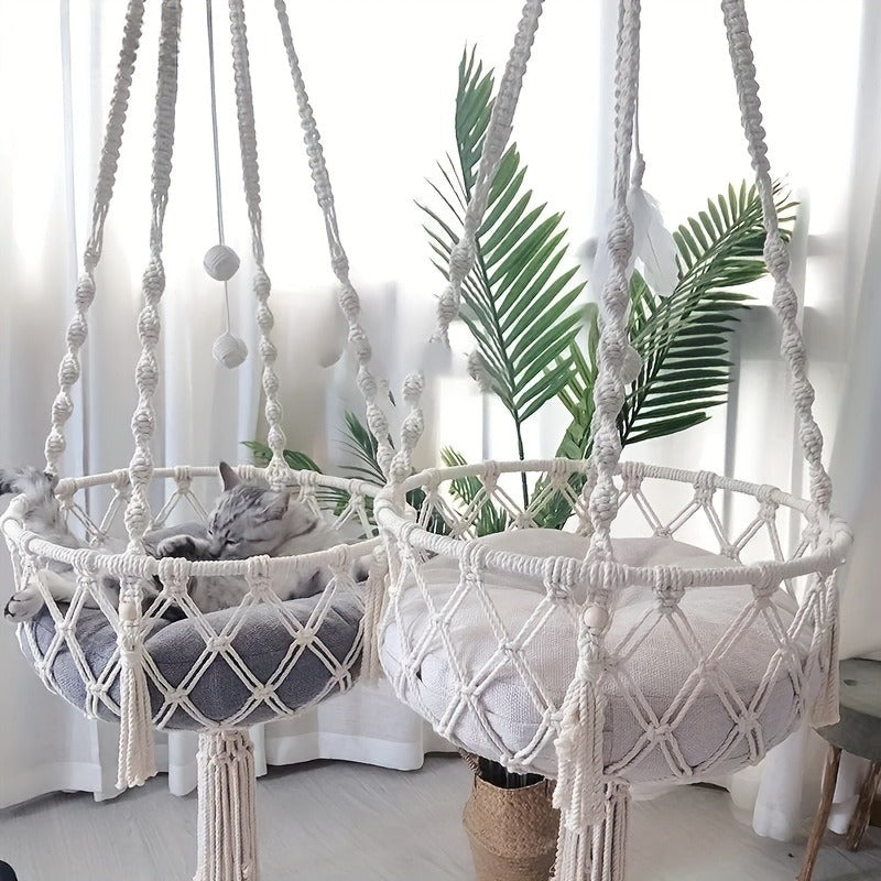 Hand-Woven Rope Cat Hammock & Swing Bed – Indoor Cat Nest Basket for 1-2 Cats, 11.81" & 15.75" Diameter