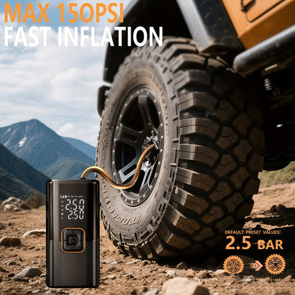 Portable Wireless Tire Inflator Air Compressor Digital Display Fast Pump Lithium Battery for Car Motorcycle Bike Emergency Inflation with Nozzle Adapters