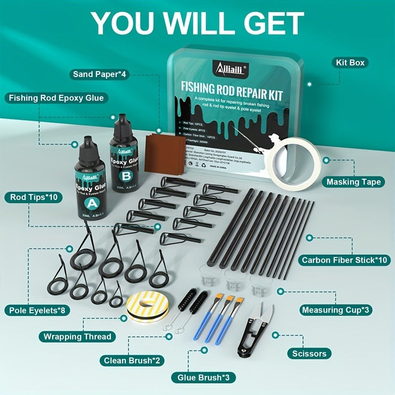 Fishing Rod Repair Kit with Top Rings Guides AB Epoxy Glue Winding Line Textured Paper Complete Rod Break Fix Set Iron Rod Guides Replacement Supplies FRT-02