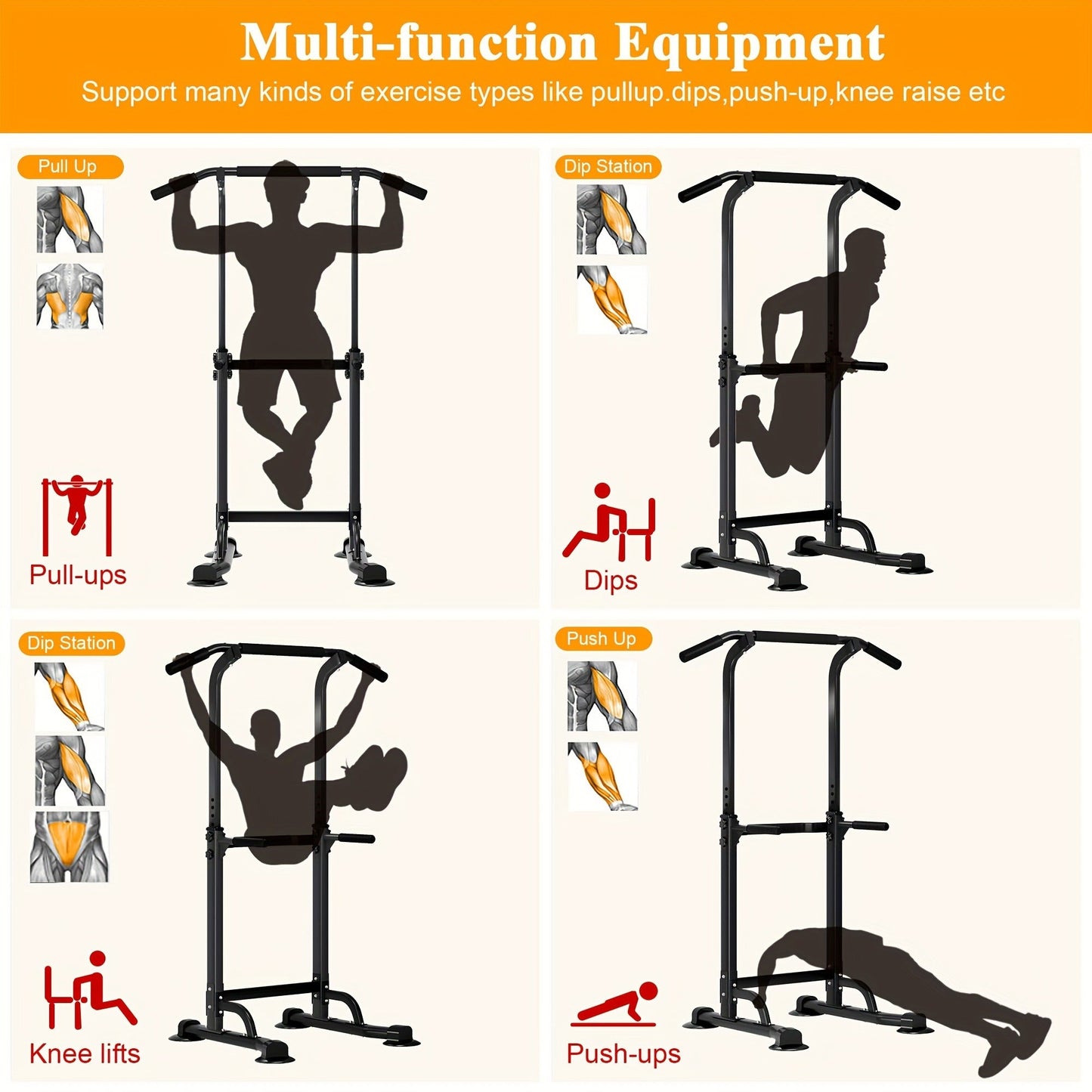Power Tower Dip Station Pull Up Bar for Home Gym – 330lb Capacity, 10 Height Levels 65"-83", 6 Exercise Positions, H-Base with Suction Cups – Full Body Strength Training Equipment