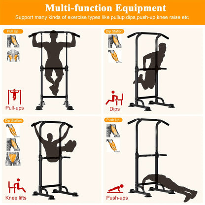 Power Tower Dip Station Pull Up Bar for Home Gym – 330lb Capacity, 10 Height Levels 65"-83", 6 Exercise Positions, H-Base with Suction Cups – Full Body Strength Training Equipment