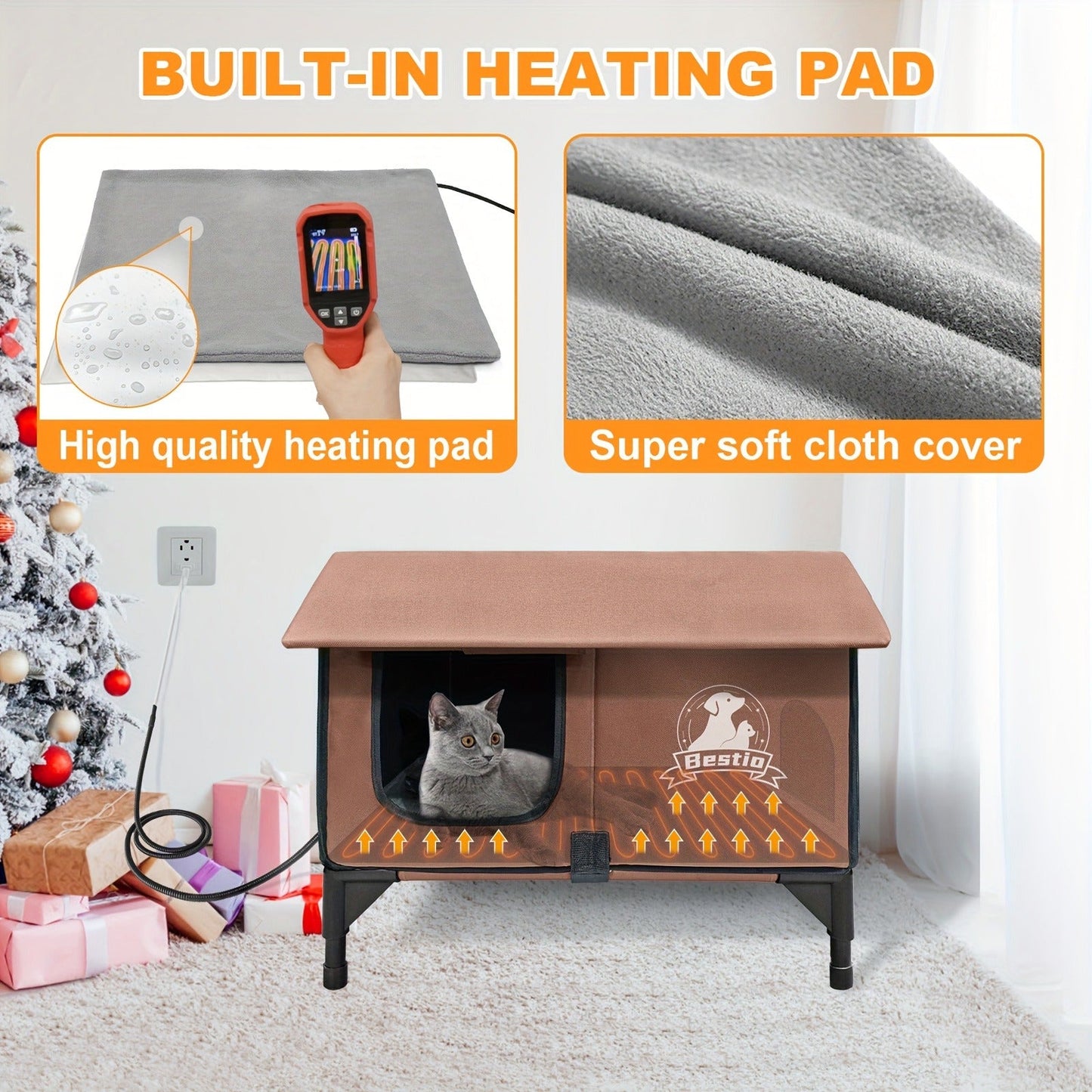 Heated Cat House 3-in-1 with Removable Warming Pad, Elevated Cat Bed for Indoor & Outdoor Cats, Chew-Resistant Cord, Double Door Cat Cave, All-Season Cat Shelter & Condo
