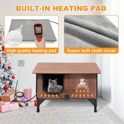 Heated Cat House 3-in-1 with Removable Warming Pad, Elevated Cat Bed for Indoor & Outdoor Cats, Chew-Resistant Cord, Double Door Cat Cave, All-Season Cat Shelter & Condo