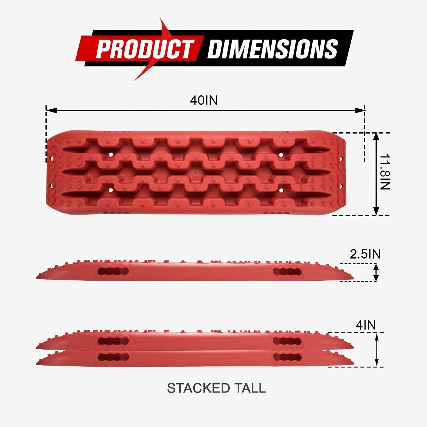 Off-Road Traction Boards Recovery Tracks 2-Pack – 10-Ton Capacity, 40”×11.8” PP Traction Mats for Sand, Mud & Snow, 4x4 Vehicle Recovery Boards with Carry Bag & Leash, Orange/Red/Black