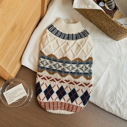 Cable Knit Dog Sweater Turtleneck - Thick Warm Winter Pet Pullover with Fair Isle Pattern, Cozy Cold Weather Knitwear for Small Medium Large Dogs & Cats, Outdoor Dog Clothes XS-XL, Beige & Blue