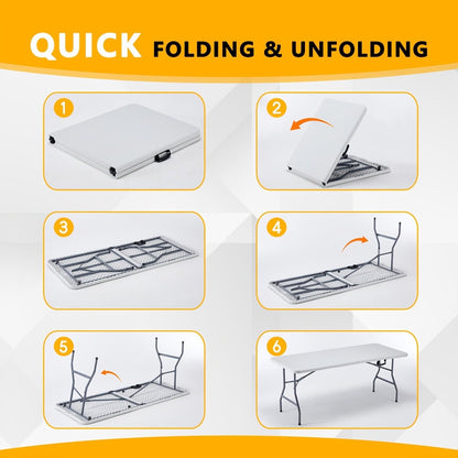Folding Picnic Table Portable Plastic Camping Table Indoor Outdoor with Carrying Handle Lock 4FT 6FT Lightweight Fold Up Dining Table for Camping Backyard BBQ Party Beach White