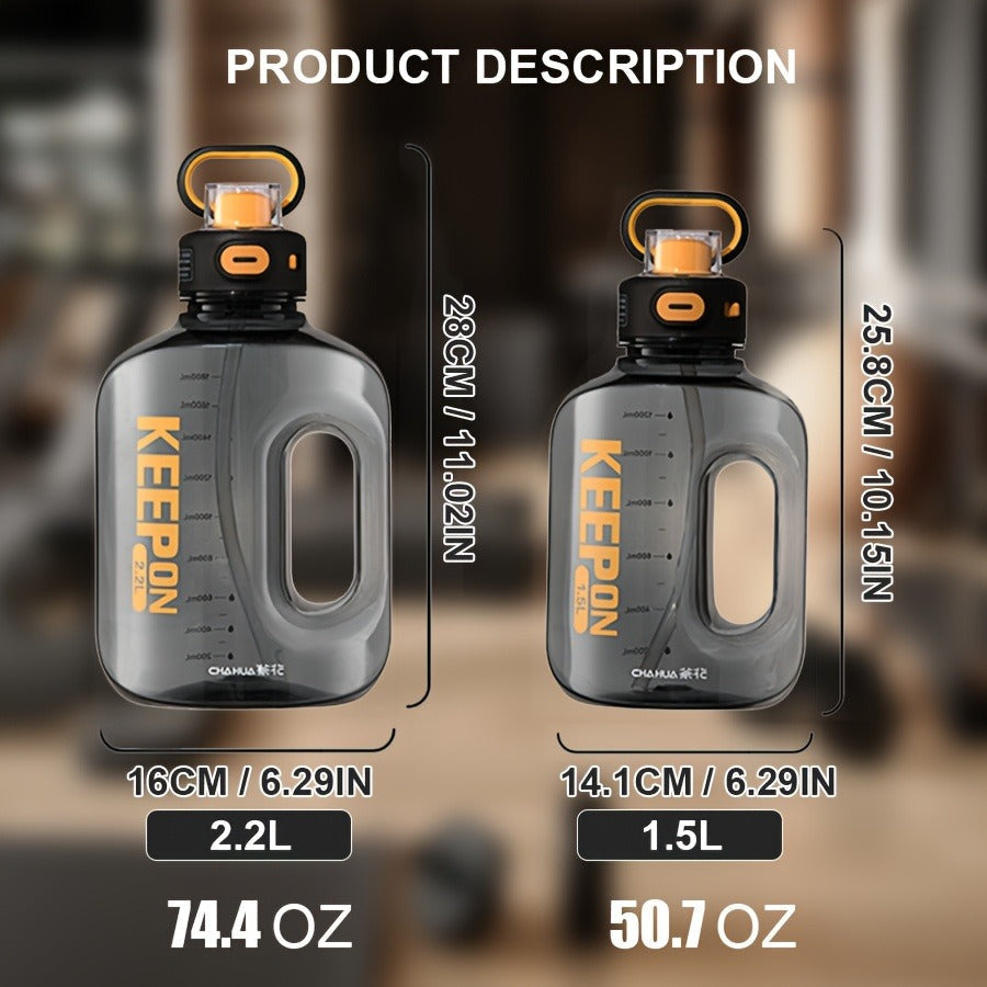 Large Sports Water Bottle with Straw Lid Handle 1500ml 2200ml Leak-Proof Lockable Food-Grade PP PC Hydration Bottle for Gym Fitness Hiking Camping Travel School