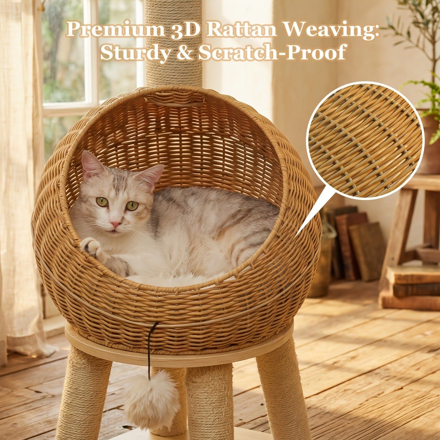 Dinosaur Cat Tree Tower 46 Inch – Large Rattan Cat House with 4 Sisal Scratching Posts, Wicker Bed & Removable Mat, Multi-Level Platform for Large Indoor Cats, Maine Coon Friendly, Brown