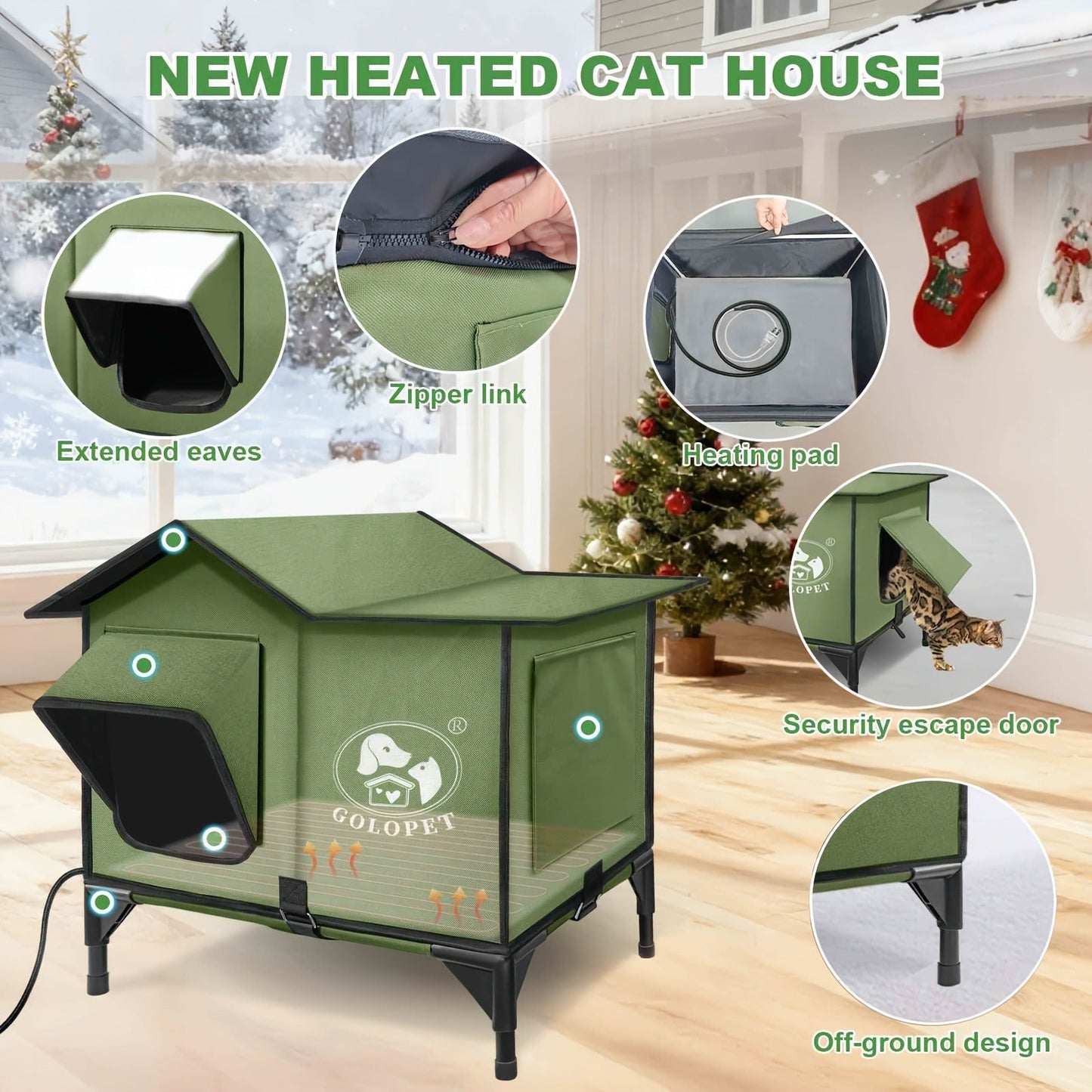 Elevated Cat House & Dog Bed with Detachable Heating Pad - Raised Outdoor Indoor Pet Bed for Cats Small Dogs, Durable Weatherproof Pet House with Removable Warm Pad, Multiple Sizes Available