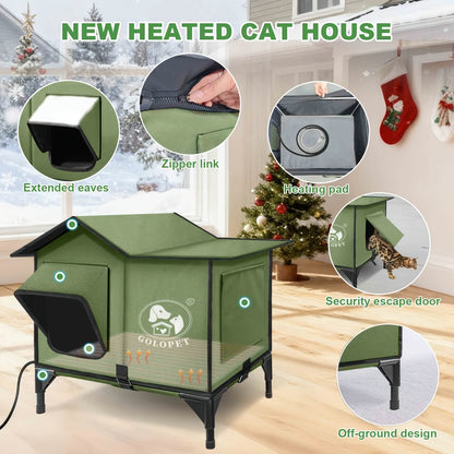 Elevated Cat House & Dog Bed with Detachable Heating Pad - Raised Outdoor Indoor Pet Bed for Cats Small Dogs, Durable Weatherproof Pet House with Removable Warm Pad, Multiple Sizes Available