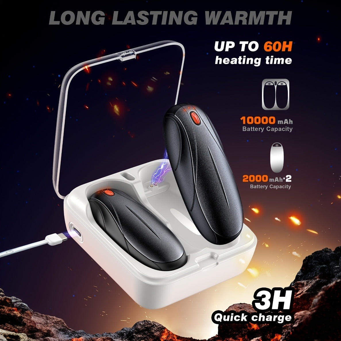 Rechargeable Hand Warmers 2 Pack with Charging Case - Electric Portable Pocket Heater, Quick Charge, Reusable Heat Packs for Winter Outdoor Camping Hunting, Christmas Gift for Men & Women, Black Orange Pink