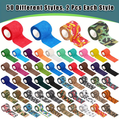 Cohesive Bandage Wrap 100 Rolls – 2 Inch x 5 Yards Self-Adhesive Elastic Athletic Tape for Wrist, Ankle & Sports Support | Non-Woven Medical Wrap, Colorful