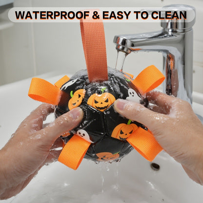 Halloween Dog Ball Toy with Pump - Football Shaped Chew Ball for Dogs, Pumpkin Ghost Design, Durable Rubber Fetch Toy for Small Medium Large Dogs, Festive Pet Gift with Strap, No Battery Required
