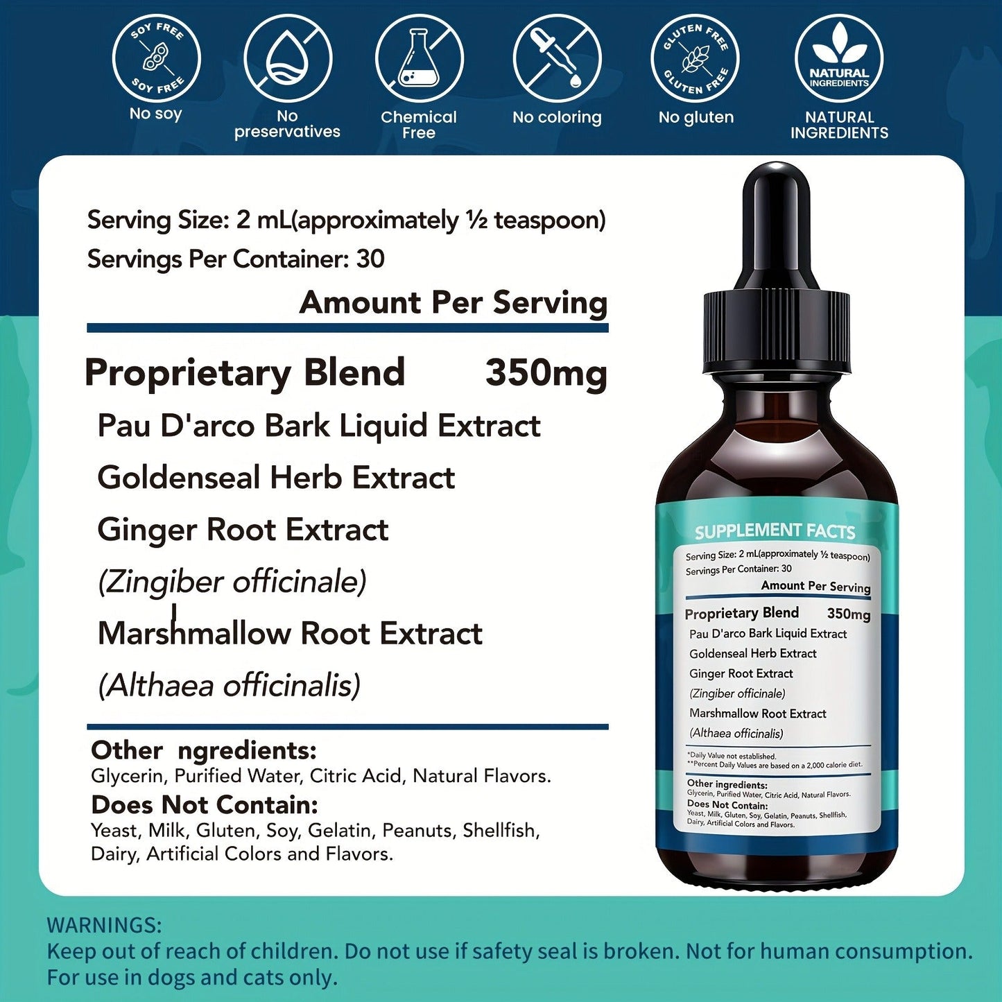 Yeast Supplement Drops for Dogs & Cats – No Odor Formula with Pau D’Arco Bark & Goldenseal Herb Liquid Extract | Easy-to-Use Pet Antifungal Support, 2 Fl Oz (60ml)
