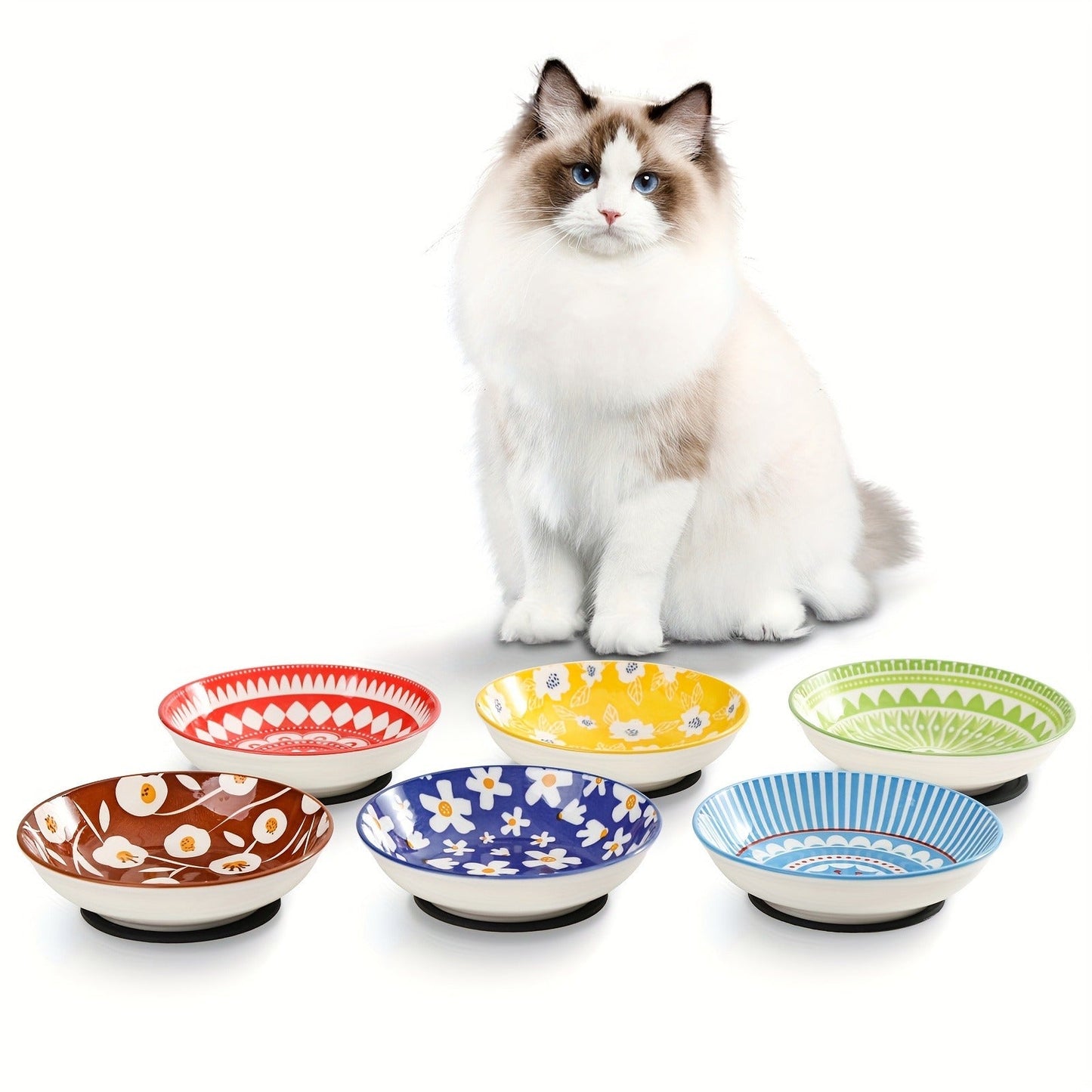 Ceramic Cat Bowls Set of 6 – Shallow Wide Cat Food Plate Whisker Friendly with Non-Slip Mat, Fairy Tales Colorful Design, 5.75" Microwave & Dishwasher Safe Cat Dish 8.5oz